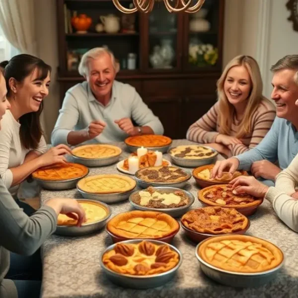 Uma família reunida em torno da mesa, desfrutando de diversas tortas salgadas.