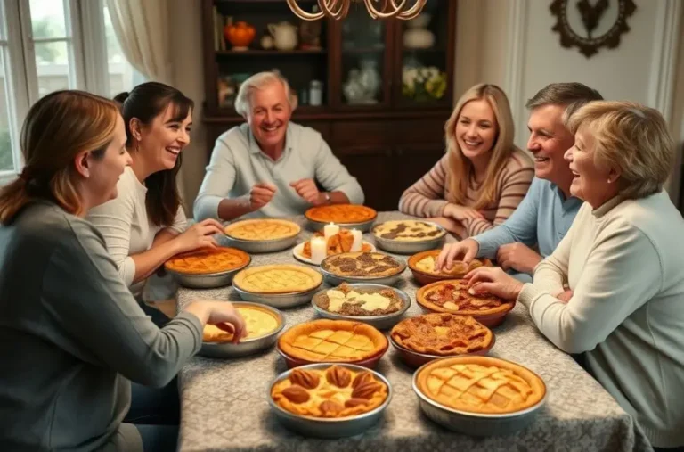 Uma família reunida em torno da mesa, desfrutando de diversas tortas salgadas.