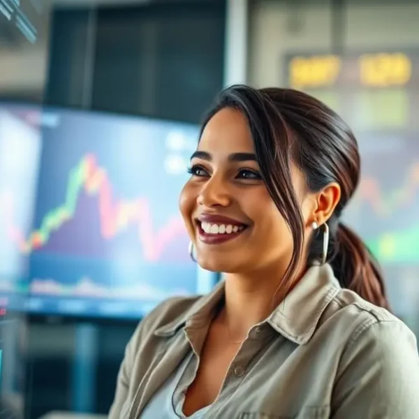 Mulher empoderada olhando para gráficos financeiros.