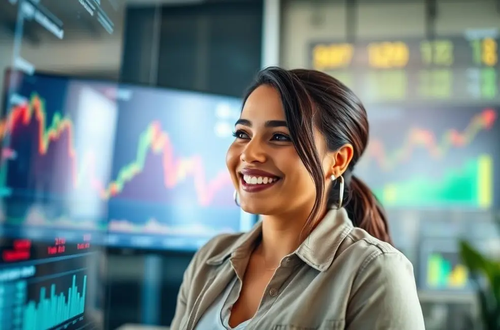 Mulher empoderada olhando para gráficos financeiros.