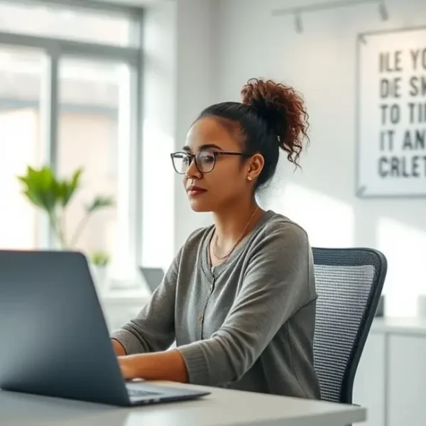Mulher em um escritório, demonstrando bem-estar e produtividade.