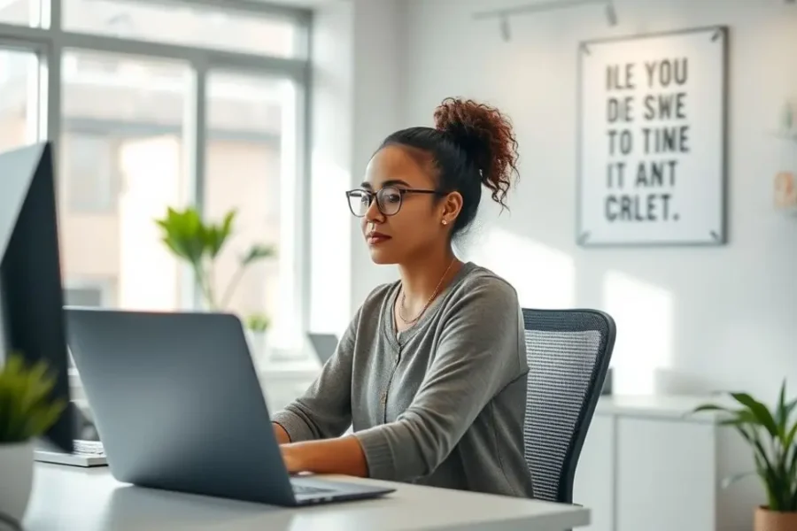 Mulher em um escritório, demonstrando bem-estar e produtividade.