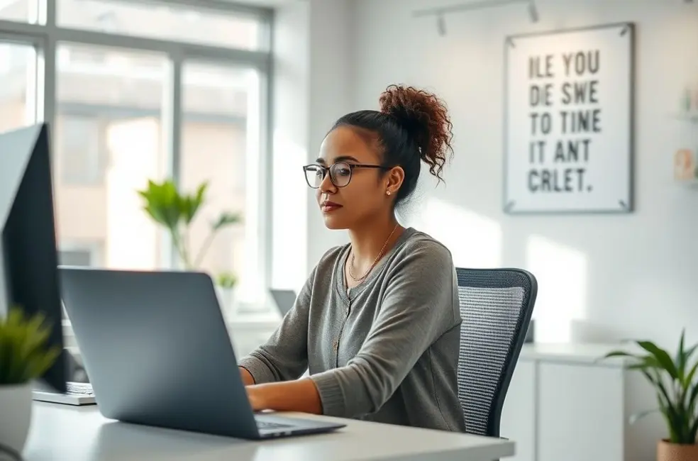 7 Alongamentos para Mulheres que Trabalham em Escritório e Querem Aumentar sua Produtividade 8 Mulher em um escritório, demonstrando bem-estar e produtividade.
