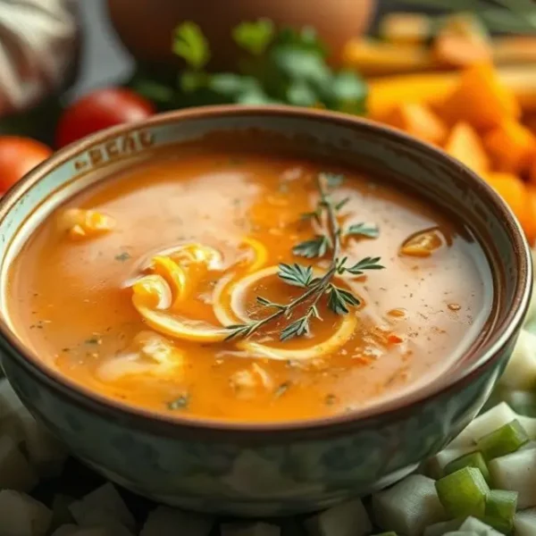 Freshly made detox soup with herbs and chopped vegetables.