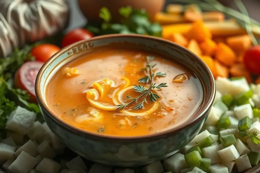 Freshly made detox soup with herbs and chopped vegetables.