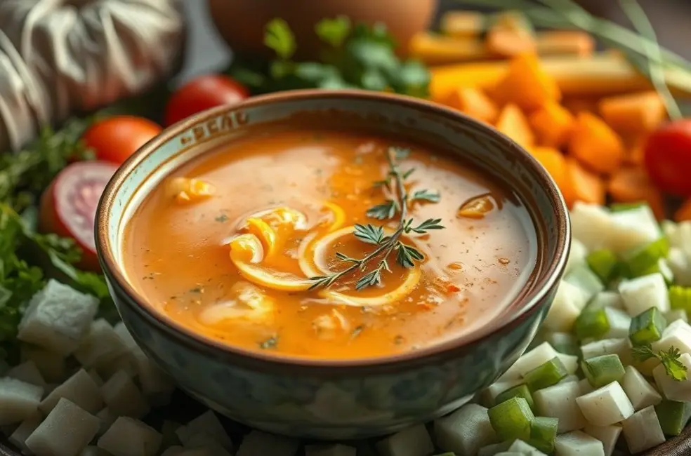 7 Caldos Detox que Aceleram sua Desintoxicação 8 Freshly made detox soup with herbs and chopped vegetables.