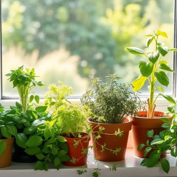 Ervas frescas cultivadas na janela da cozinha.