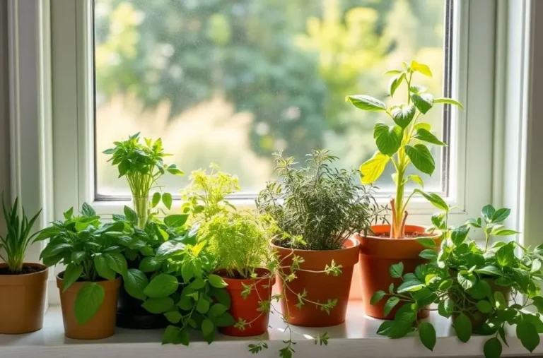 Ervas frescas cultivadas na janela da cozinha.