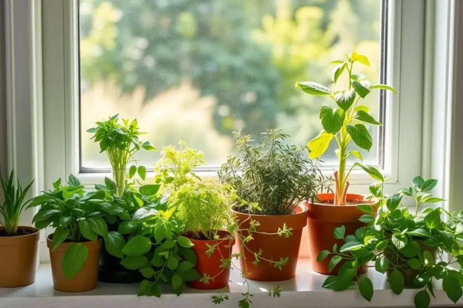 Ervas frescas cultivadas na janela da cozinha.