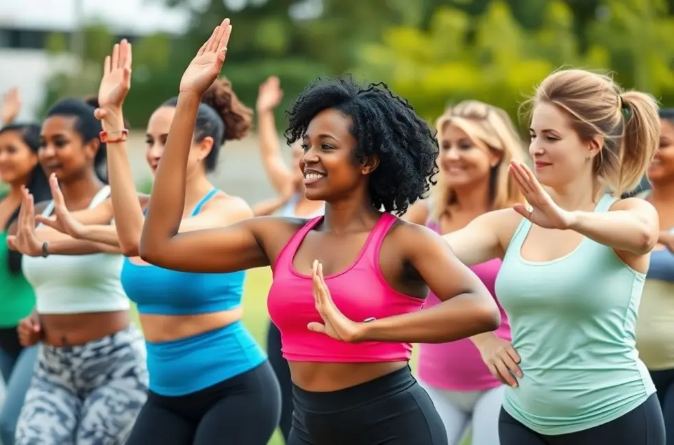 7 Exercícios Práticos para Mulheres Ocupadas Incorporarem na Rotina Diária 8 Grupo de mulheres exercitando-se ao ar livre