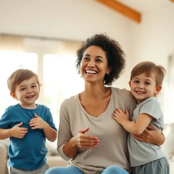 Mãe e filhos felizes desfrutando de um momento juntos.