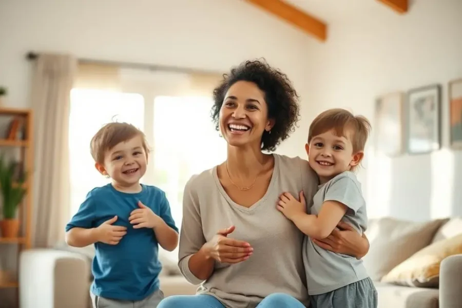 Mãe e filhos felizes desfrutando de um momento juntos.