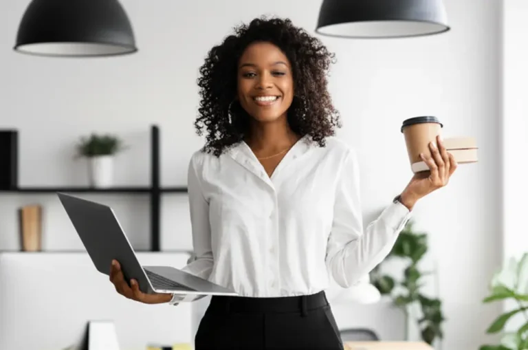 Mulher sorridente equilibrando o trabalho e a vida pessoal com sucesso.