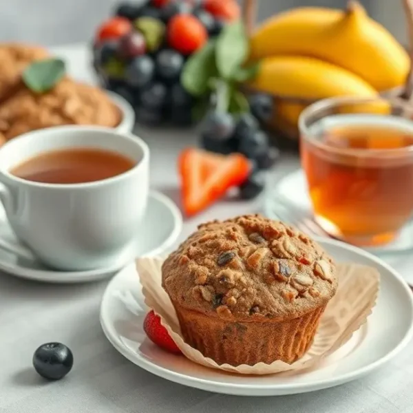 Mesa colorida de café da manhã saudável com muffins integrais e chá.