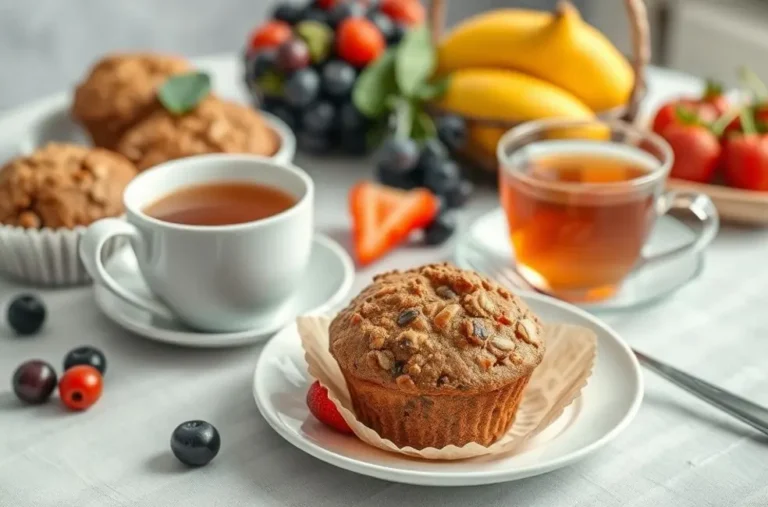 Mesa colorida de café da manhã saudável com muffins integrais e chá.