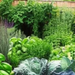 Uma horta doméstica vibrante com uma variedade de ervas e vegetais.