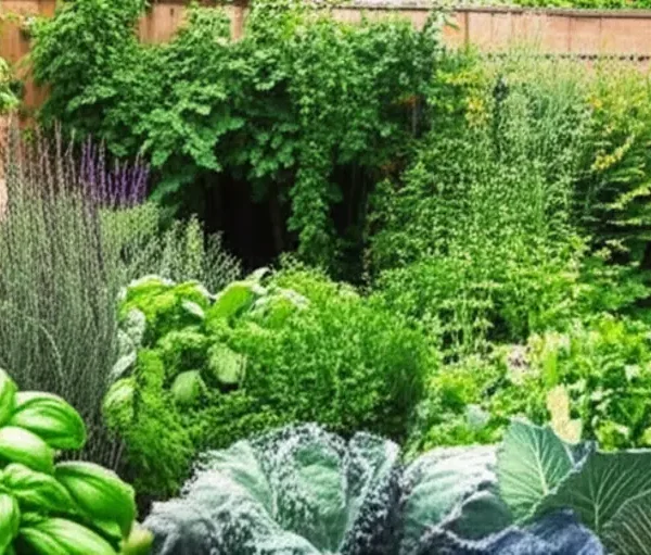 Uma horta doméstica vibrante com uma variedade de ervas e vegetais.