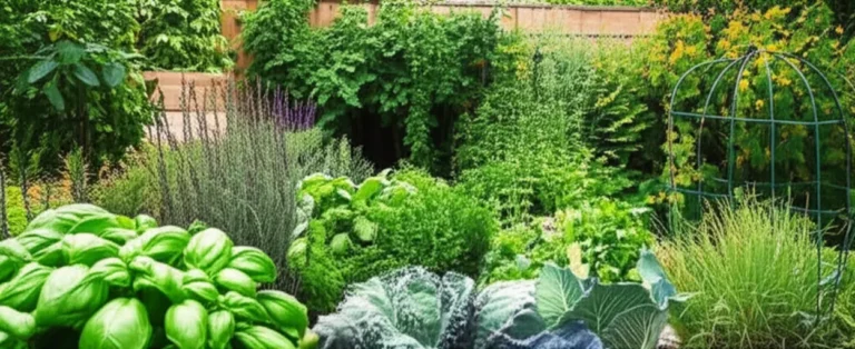 Uma horta doméstica vibrante com uma variedade de ervas e vegetais.