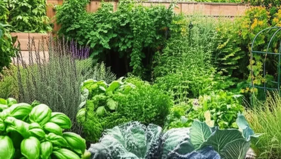 Uma horta doméstica vibrante com uma variedade de ervas e vegetais.