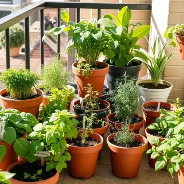 Horta de temperos em uma varanda ensolarada