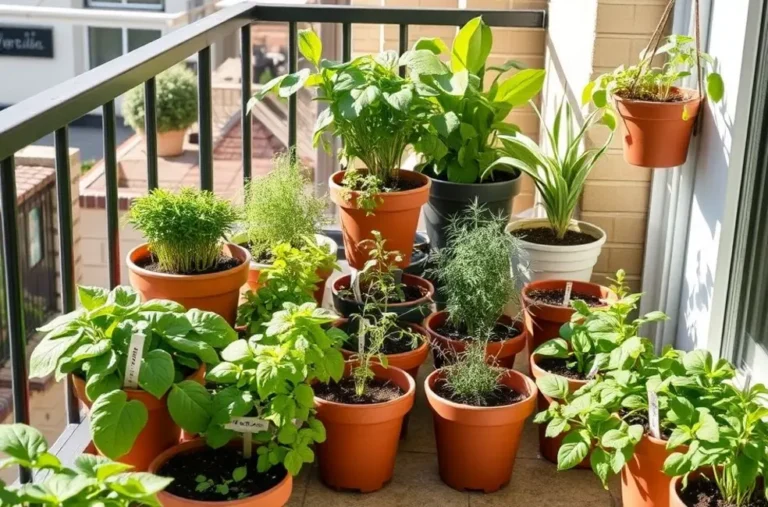 Horta de temperos em uma varanda ensolarada