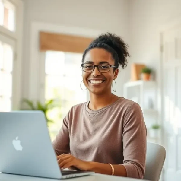 Cenário alegre de home office, refletindo equilíbrio entre vida pessoal e trabalho.