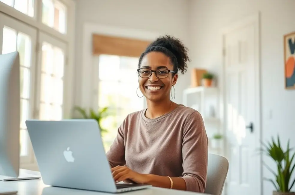 7 Dicas Valiosas para Estabelecer Limites Saudáveis no Home Office 8 Cenário alegre de home office, refletindo equilíbrio entre vida pessoal e trabalho.