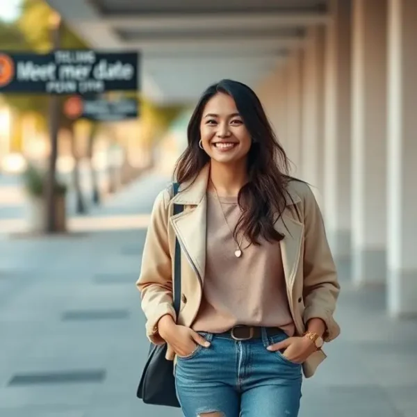 Uma mulher jovem vestindo uma roupa estilosa e sorridente, pronta para seu encontro.