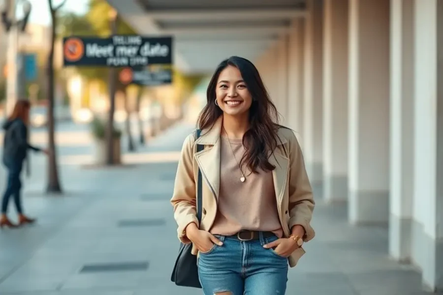 Uma mulher jovem vestindo uma roupa estilosa e sorridente, pronta para seu encontro.