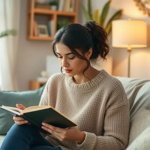 Mulher escrevendo em um diário em um espaço acolhedor, refletindo sobre seu crescimento emocional.