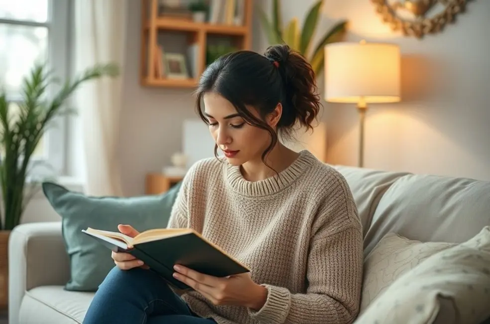 7 Estratégias Para Superar a Autossabotagem e Fortalecer Seus Relacionamentos 8 Mulher escrevendo em um diário em um espaço acolhedor, refletindo sobre seu crescimento emocional.
