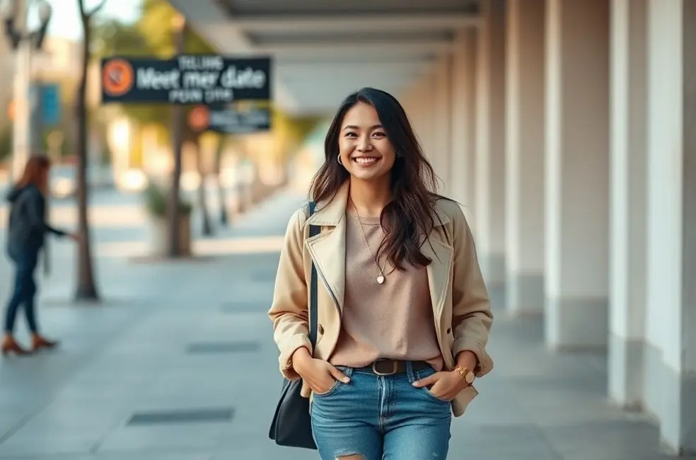 7 Estilos de Roupas para Arrasar no Seu Primeiro Encontro 8 Uma mulher jovem vestindo uma roupa estilosa e sorridente, pronta para seu encontro.