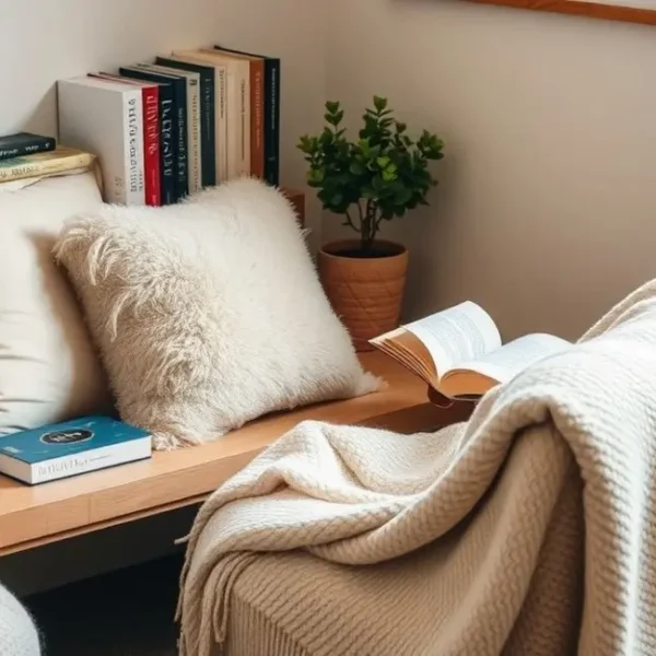 Cantinho de leitura com elementos acolhedores.