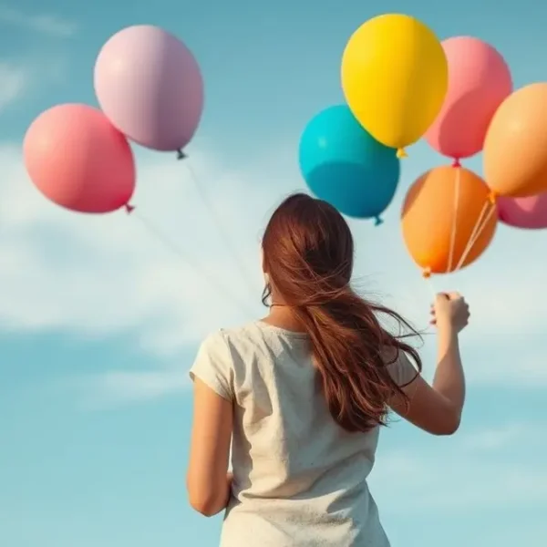 Mulher soltando balões coloridos, simbolizando liberdade emocional.