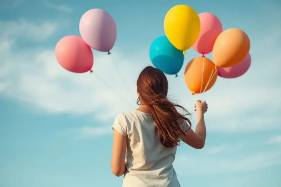 Mulher soltando balões coloridos, simbolizando liberdade emocional.