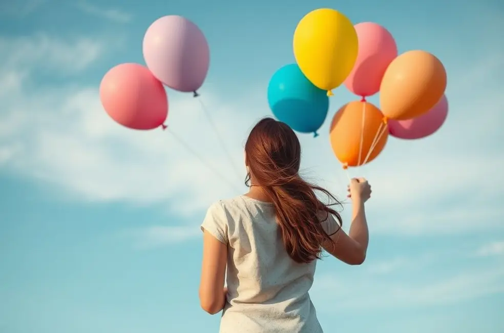 7 Passos para Encontrar o Desapego e Viver com Leveza 8 Mulher soltando balões coloridos, simbolizando liberdade emocional.