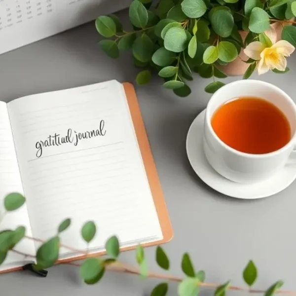 Cenário relaxante com diário de gratidão e xícara de chá.