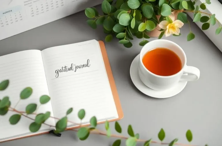Cenário relaxante com diário de gratidão e xícara de chá.