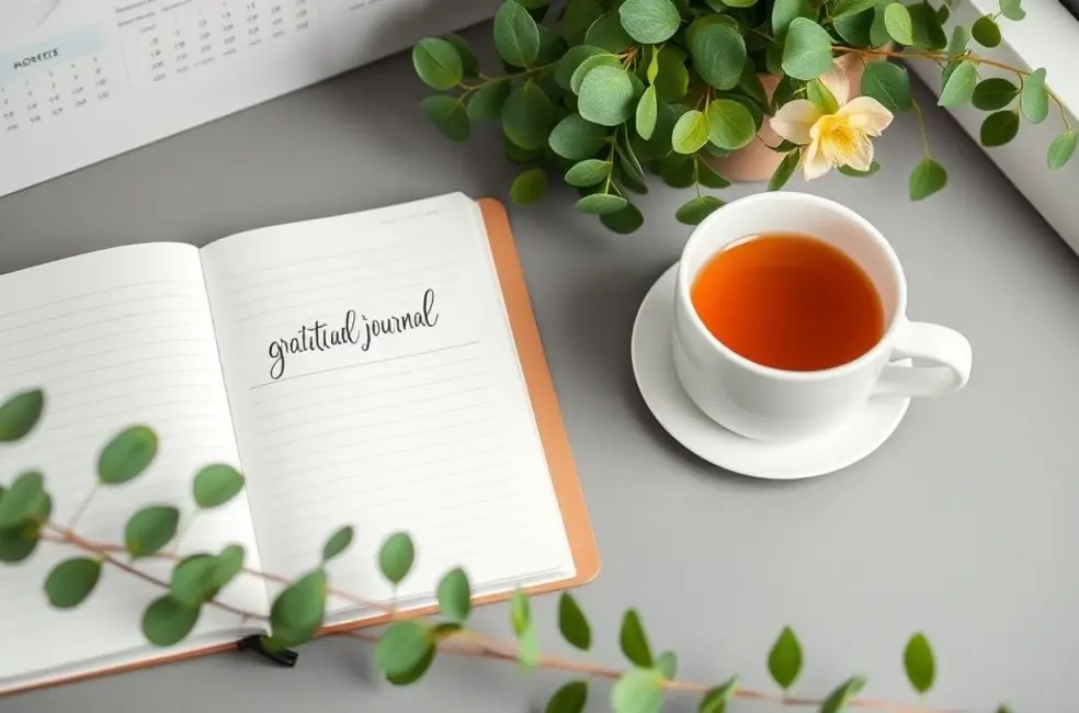 7 Passos Práticos para Iniciar Seu Diário de Gratidão e Aliviar a Ansiedade 8 Cenário relaxante com diário de gratidão e xícara de chá.