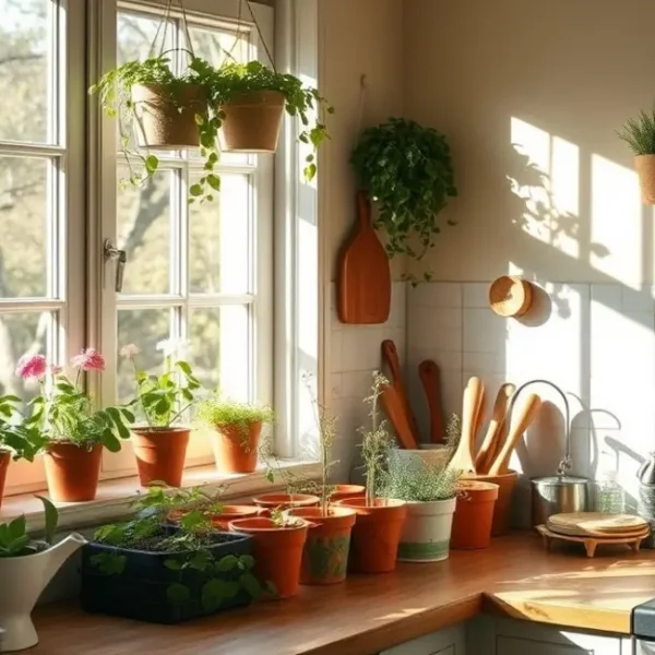 Cozinha cheia de luz com ervas aromáticas na janela.