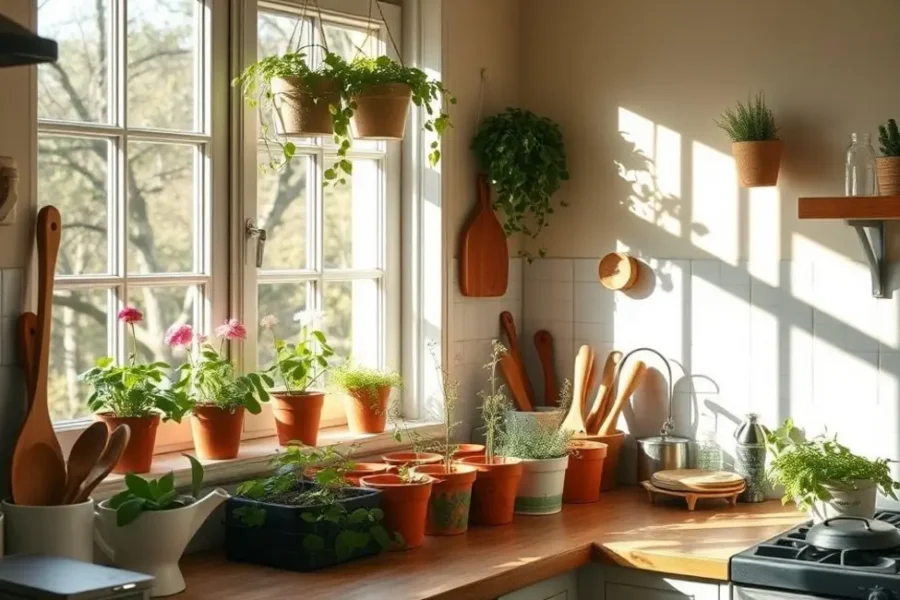 Cozinha cheia de luz com ervas aromáticas na janela.