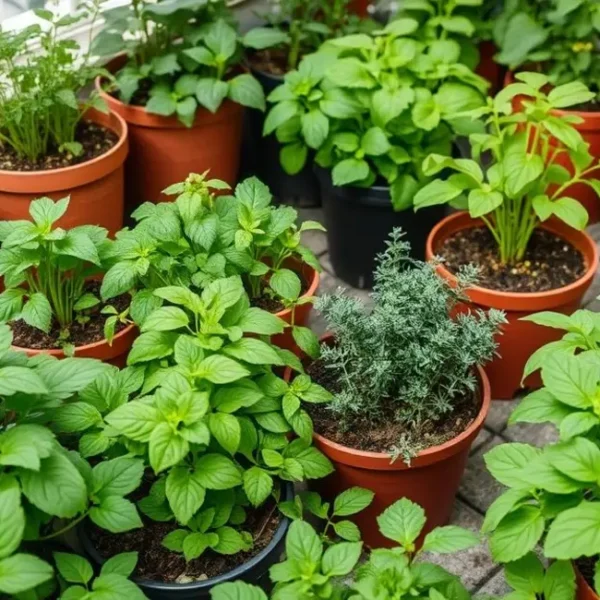 Horta caseira vibrante com temperos frescos em diversos vasos.