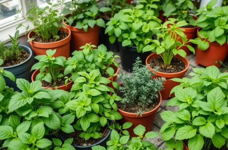 Horta caseira vibrante com temperos frescos em diversos vasos.