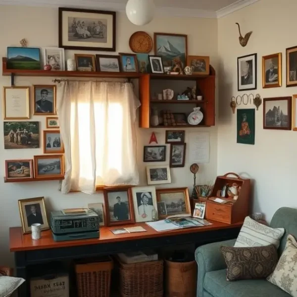 Espaço sereno com lembrancinhas e fotografias organizadas