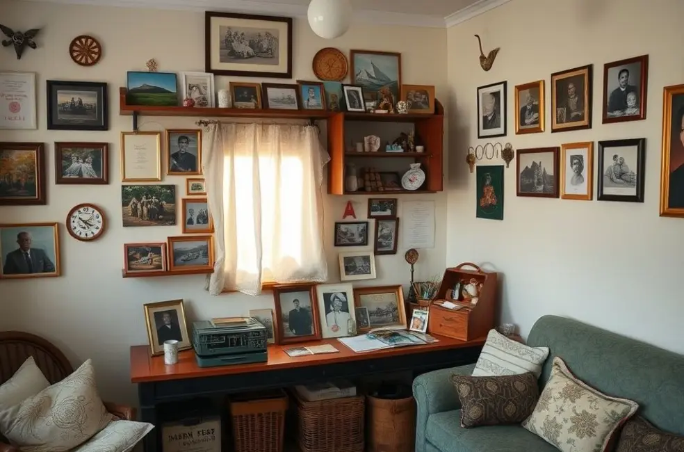 Espaço sereno com lembrancinhas e fotografias organizadas