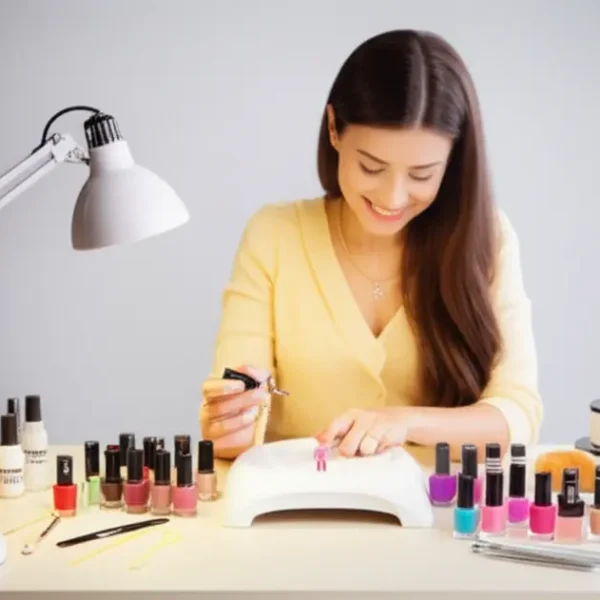 Mulher aplicando esmalte em um ambiente de beleza acolhedor.