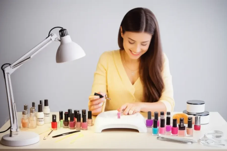 Mulher aplicando esmalte em um ambiente de beleza acolhedor.