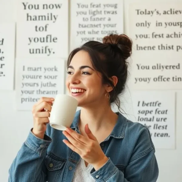 Mulher pensativa rodeada por lembretes de suas vitórias diárias.