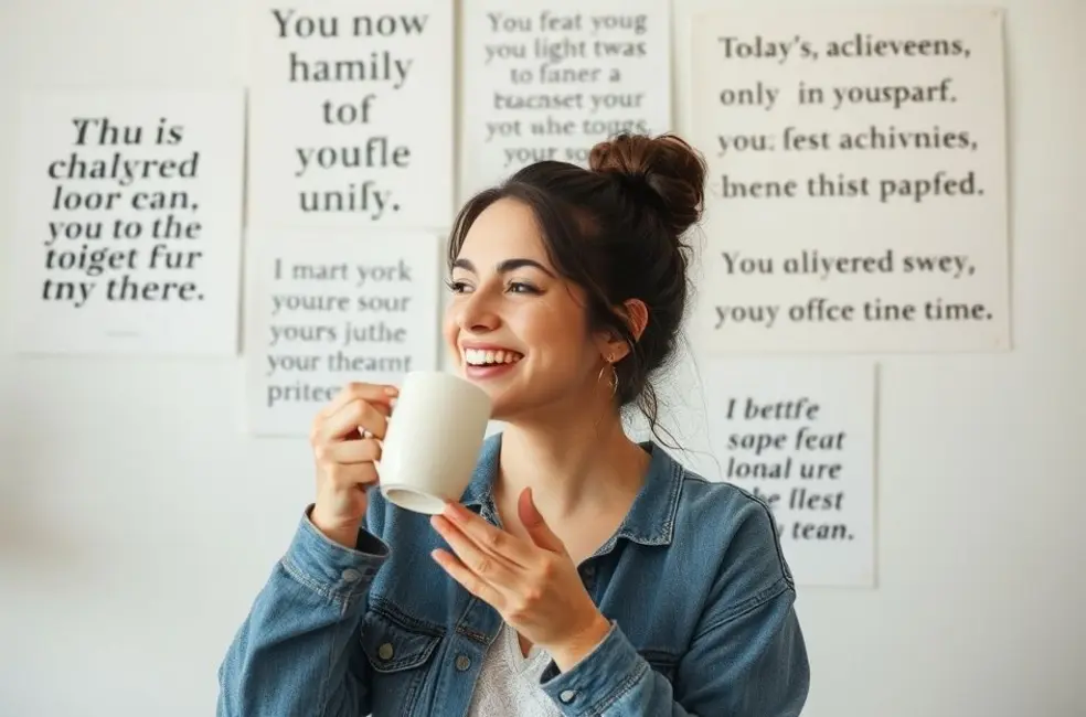 Mulher pensativa rodeada por lembretes de suas vitórias diárias.