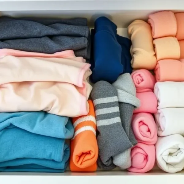 Gaveta organizada preenchida com roupas íntimas e meias dobradas.